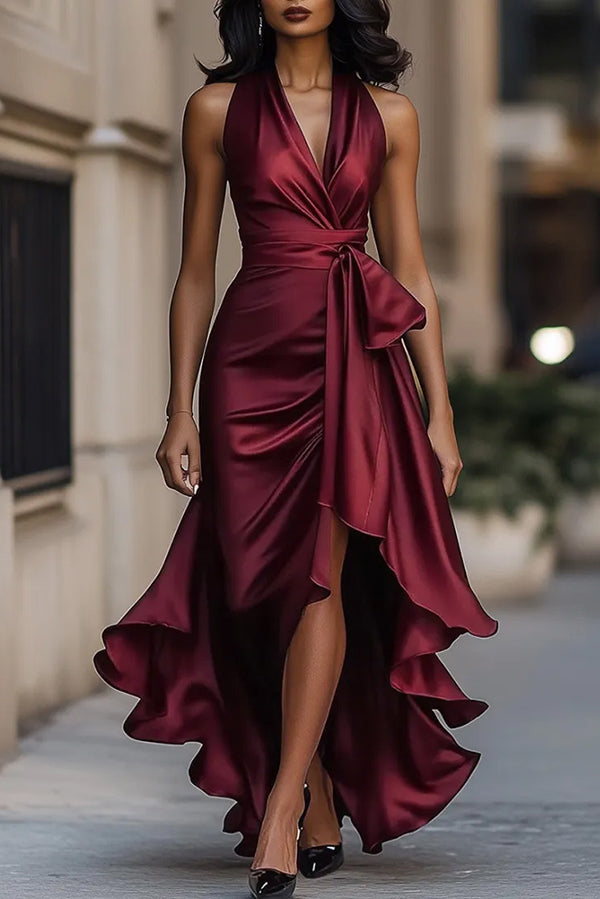 Solid Color Elegant V-neck Waist Irregular Ruffle Maxi Dress