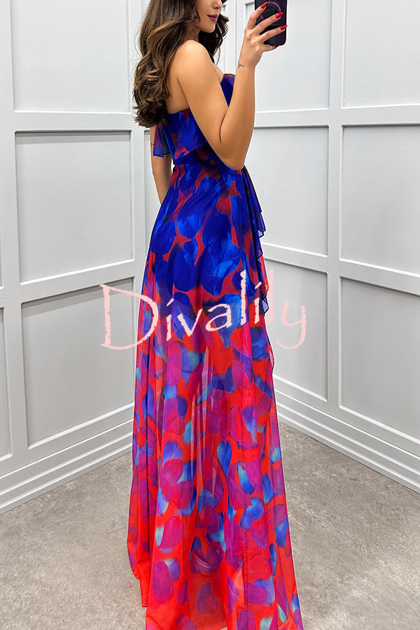 Loving Moment Gradient Unique Print Flowing Layered Ruffles Strapless Slit Maxi Dress