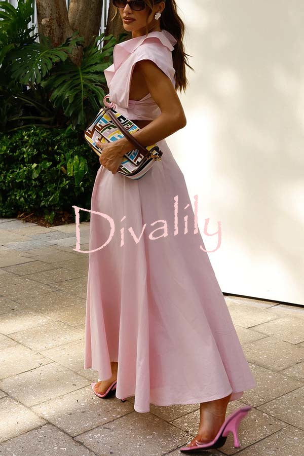 Haylee Linen Blend Ruffle Neck Tie-up Crop Top and High Rise Umbrella Maxi Skirt Set
