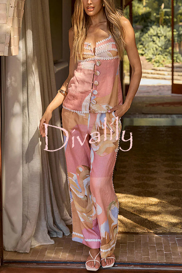 European Summer Linen Blend Ric Rac Trims High Rise Pocket Loose Pants