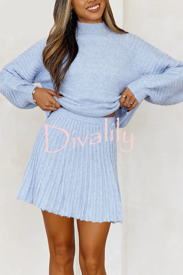 Solid Color Round Neck Puff Sleeve Loose Knit Sweater and Casual Striped Mini Skirt Set