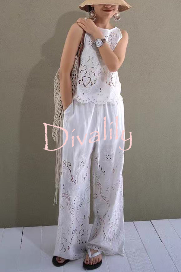 Linen Blend Solid Color Embroidered Hollow Loose Vest and Elastic Waist Casual Pocket Wide Leg Pants Set