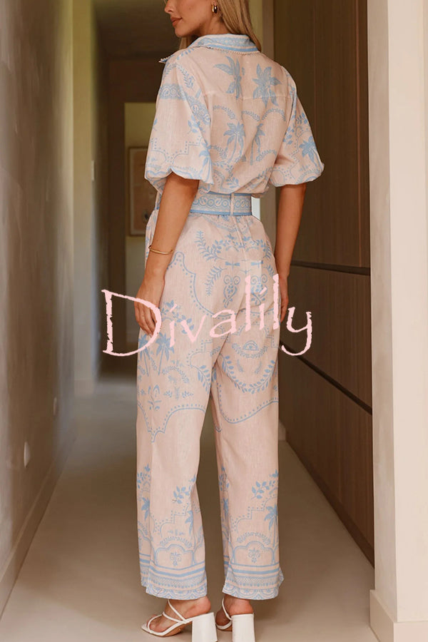 Linen Blend Lapel Puff Sleeve Loose Shirt and Casual Pocket Straight Pants Set