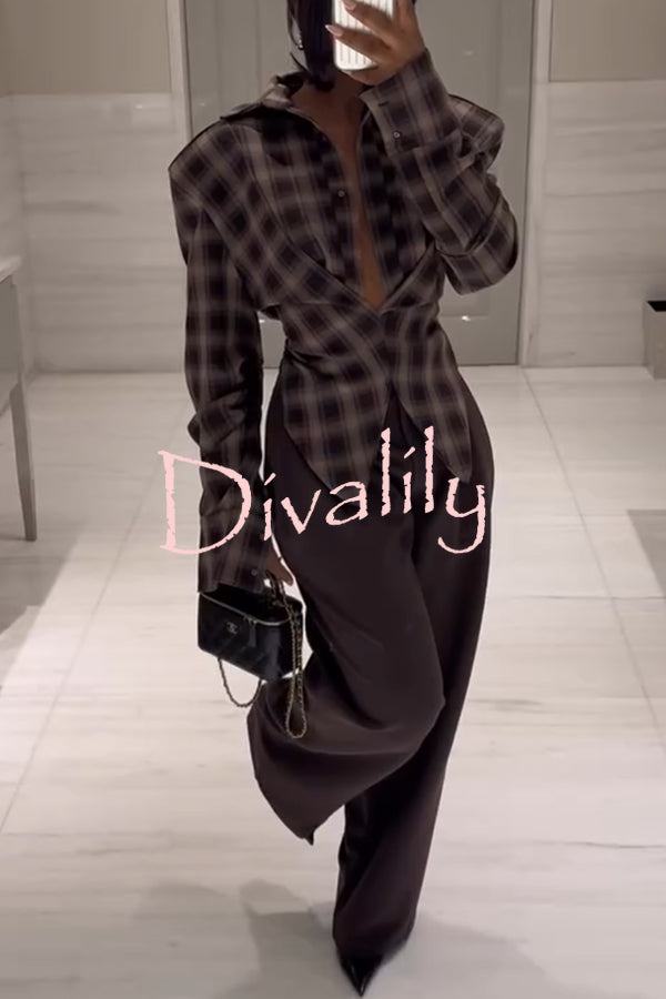 Vintage Plaid Shoulder Pad Buttons Long Sleeve Angled Hem Shirt