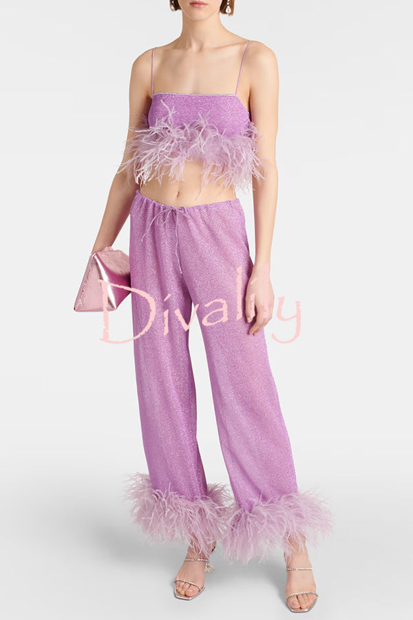 Music Carnival Glitter Stretch Fabric Feather Trim Tank and Elastic Waisted Flared Pants Set