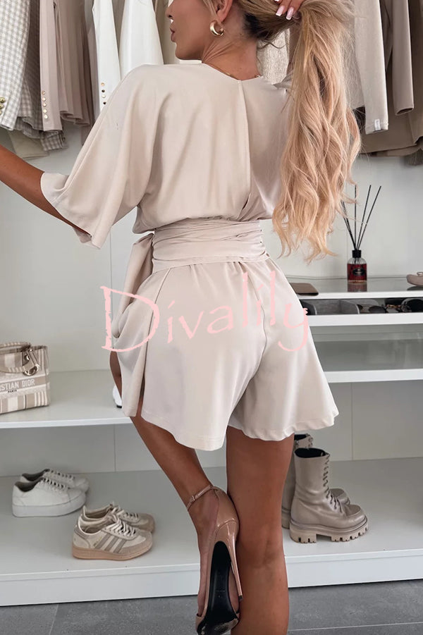 Stylish Comfortable V-neck Wide Sleeve Tie-up Loose Romper