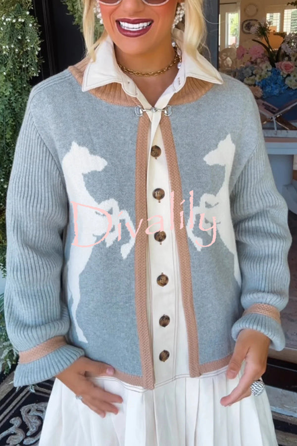 Stylish White Horse Pattern Casual Long-sleeved Knitted Cardigan