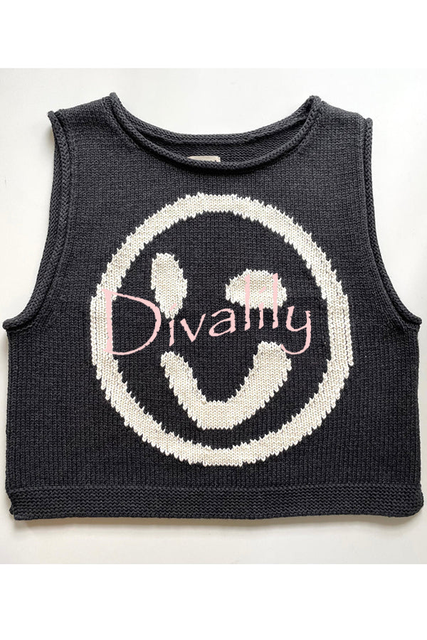 Always Happy Face Knit Unique Pattern Versatile Loose Tank Top