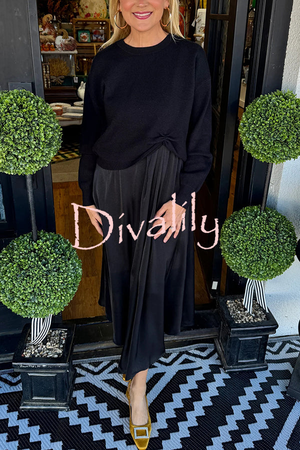 Practical Fashion Knit Ruched Sweater and Satin Stretch Tank Midi Dress Two-piece Set