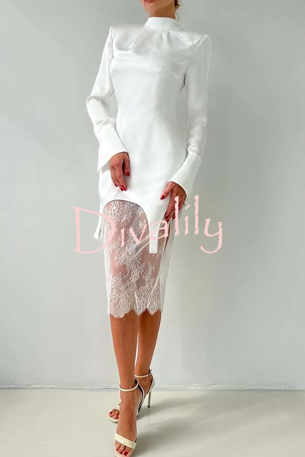 Melissa Satin High Neck Long Sleeve Curved Hem Top and Lace Midi Skirt Set