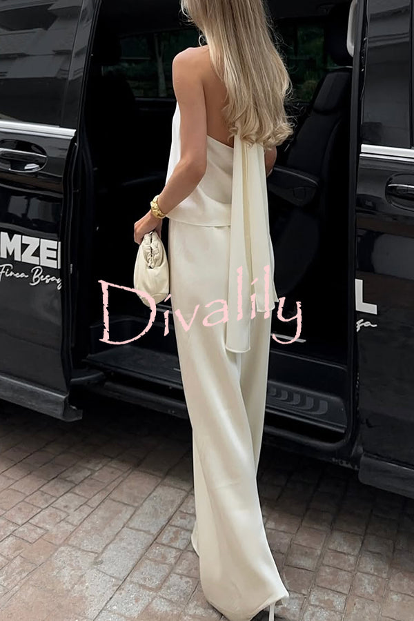 Modern Day Glam Satin Halter Tie-up Tank and Elastic Waist Wide Leg Pants Set