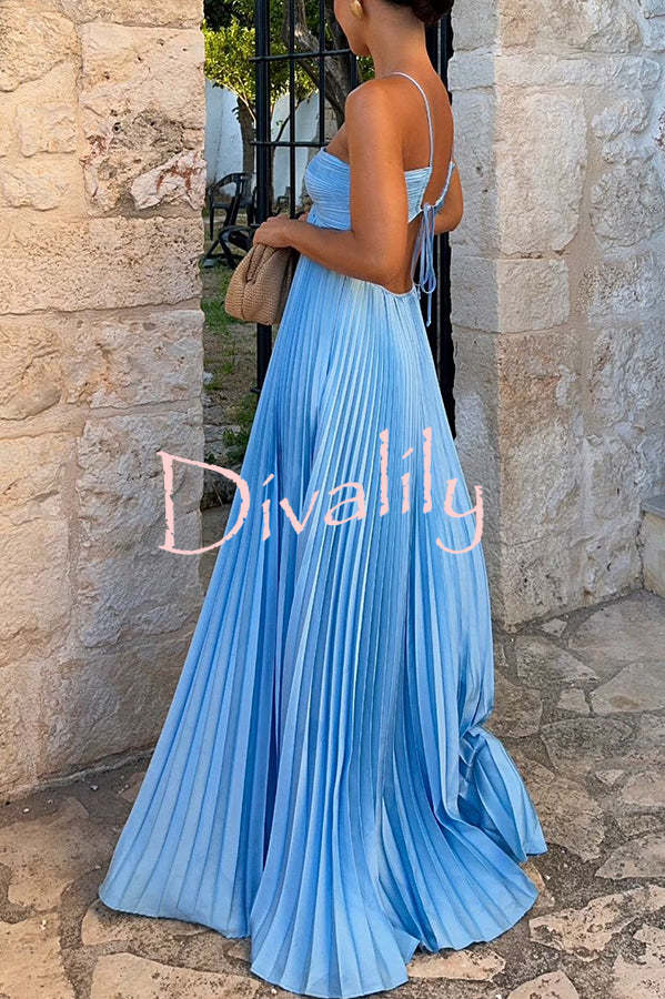 Caught Your Eye Satin Pleated Cross Straps Cutout Flowing Maxi Dress