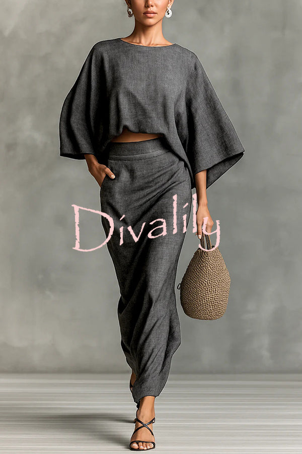 Linen Blend Batwing Sleeve Loose Top and Casual Pocket Maxi Skirt Set