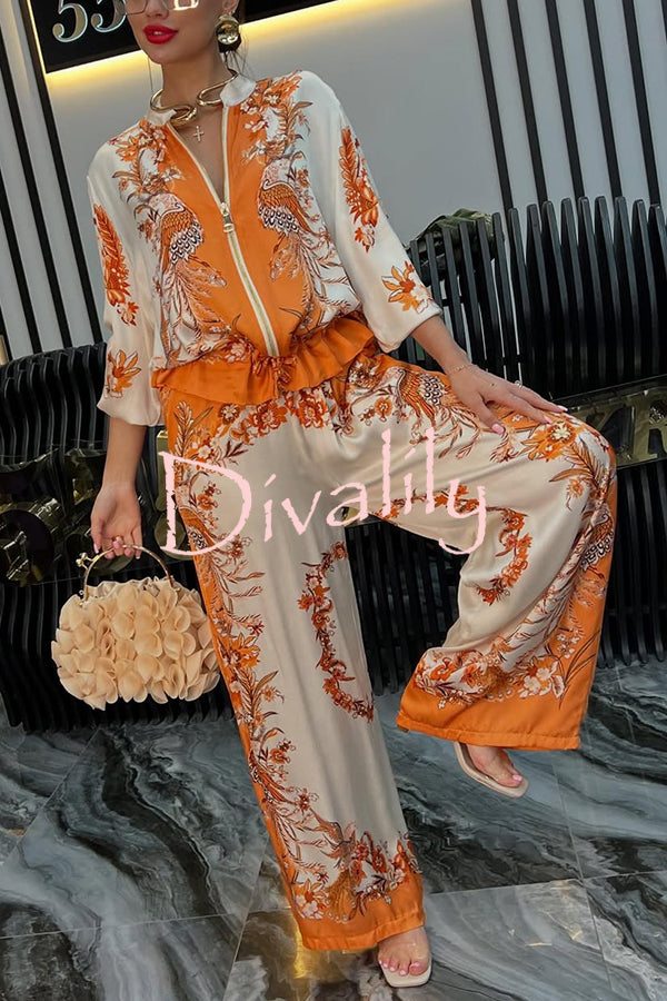 Unique Printed Casual Long-sleeved Loose Top and Elastic Waist Pocket Wide-leg Pants Set