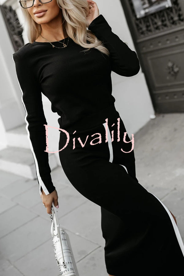 Stylish Paneled Long Sleeve Crew Neck Top and Elastic Waist Slit Midi Skirt Set