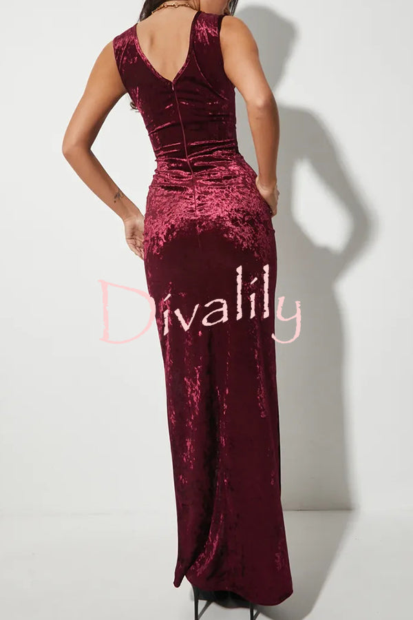 Solid Color Velvet Round Neck Sleeveless Slim Slit Maxi Dress