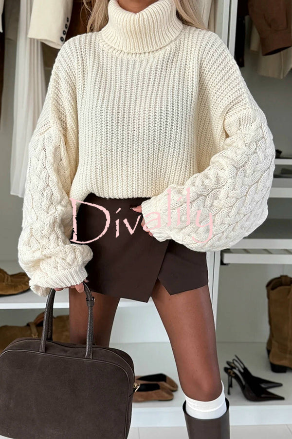 Stylish and Comfortable Ribbed Knit Turtleneck Cable Sleeve Loose Sweater