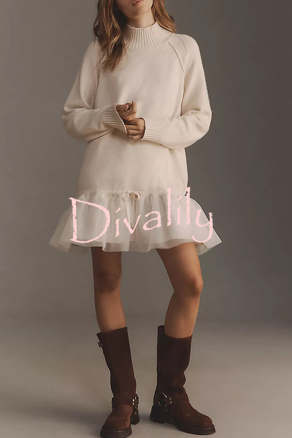 Holiday Cutie Knit Long Sleeve Turtleneck Tulle Twofer Mini Dress