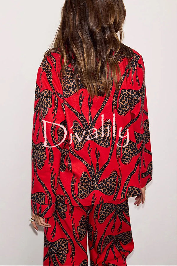 Stylish Colorblock Leopard Print Loose Shirt and Elastic Waist Pocketed Pajama Set