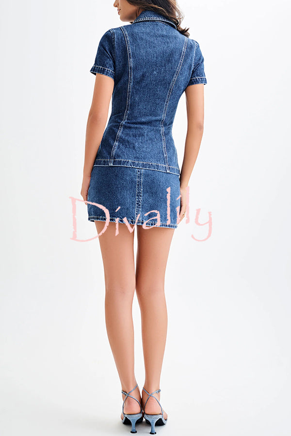 Modern Flavor Denim High Rise Back Zipper A-line Stretch Mini Skirt