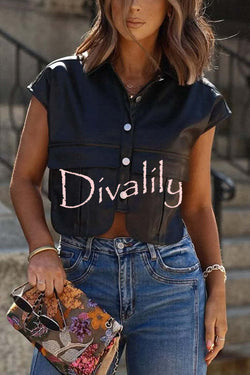 Fashion Faux Leather Pocket Sleeveless Cropped Jacket