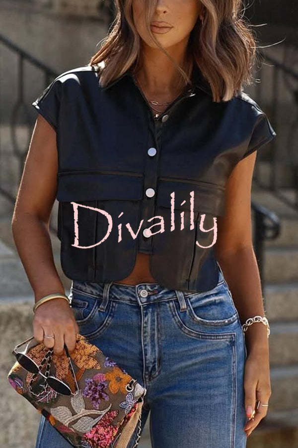 Fashion Faux Leather Pocket Sleeveless Cropped Jacket