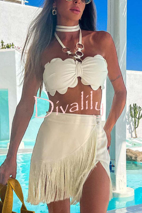 Solid Color Halter Neck Tassel Skirt Stretch Two-piece Bikini Swimsuit