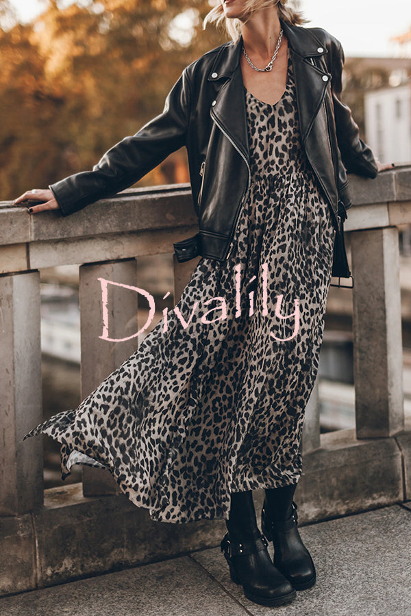 Minimal and Chic Leopard Print Long Sleeve A-line Slit Flowy Maxi Dress