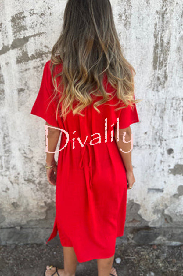 Embroidered Pattern V-neck Short-sleeved Loose Midi Dress