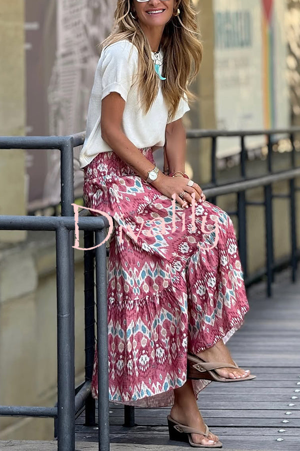 Resort Style Unique Print Pleated Elastic Waist Maxi Skirt
