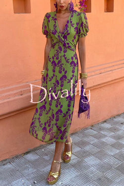 Botanical Print V-neck Puff Sleeve Tie Waist Midi Dress