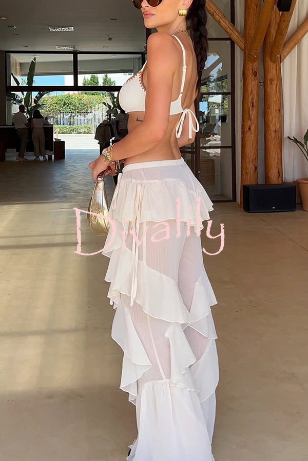 Fashionable Ruffled Elastic Waist Holiday Style Flared Pants