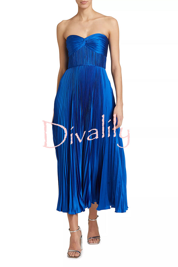 Love Note Satin Sweetheart Twist Off Shoulder Pleated Maxi Dress