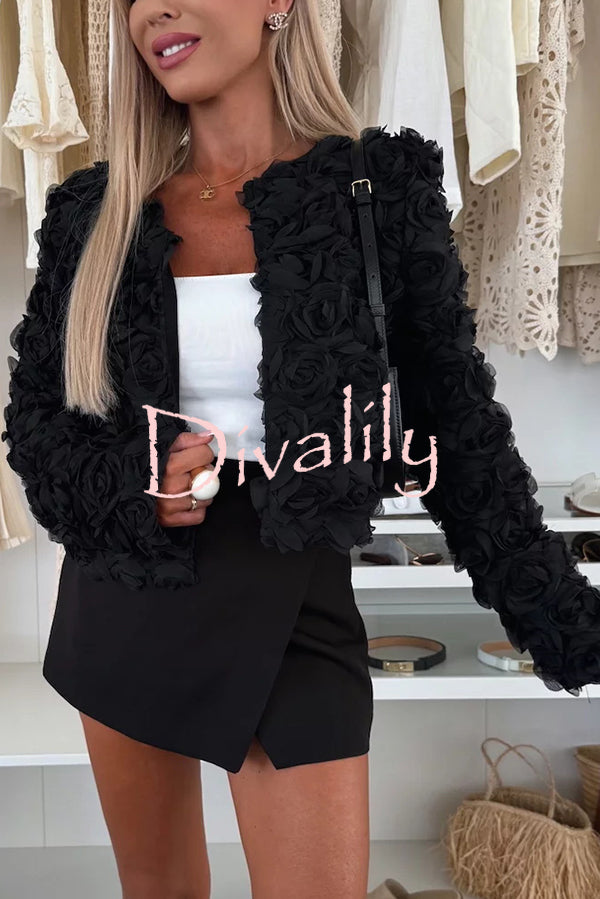 Fashionable Three-dimensional Flower Casual Long-sleeved Cropped Jacket