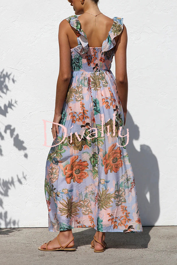 Unique Printed V-neck Ruffled Straps Pleated Back Maxi Dress