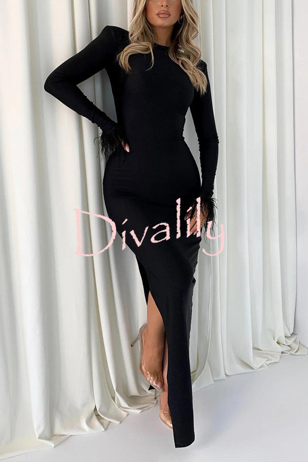 Solid Color Round Neck Ostrich Feather Long Sleeve Slim Maxi Dress