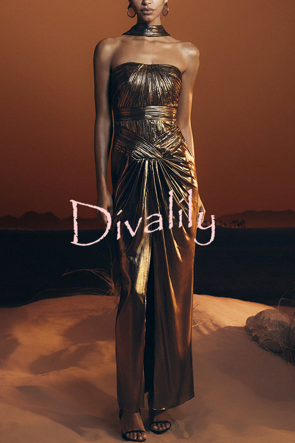 Clemence Plisse Metallic Fabric Reverse Halter Beck Strap Drape Slit Maxi Dress