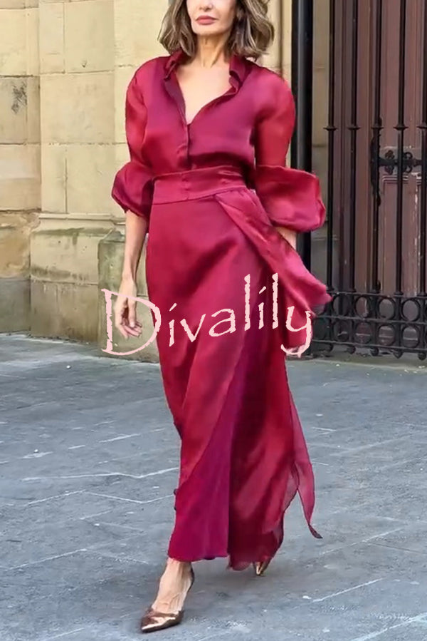 Lily Chiffon Bow Detail Puff Sleeve Blouse and Elegant Layered Maxi Skirt Set