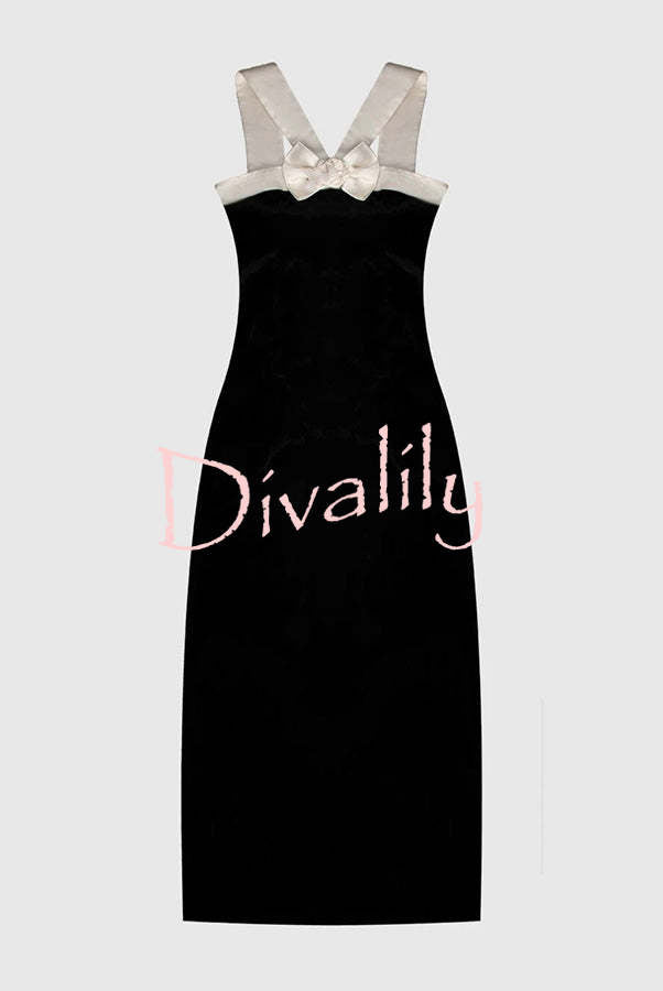 Sociable Elegance Velvet Contrast Bow Shoulder Strap Slit Stretch Midi Dress