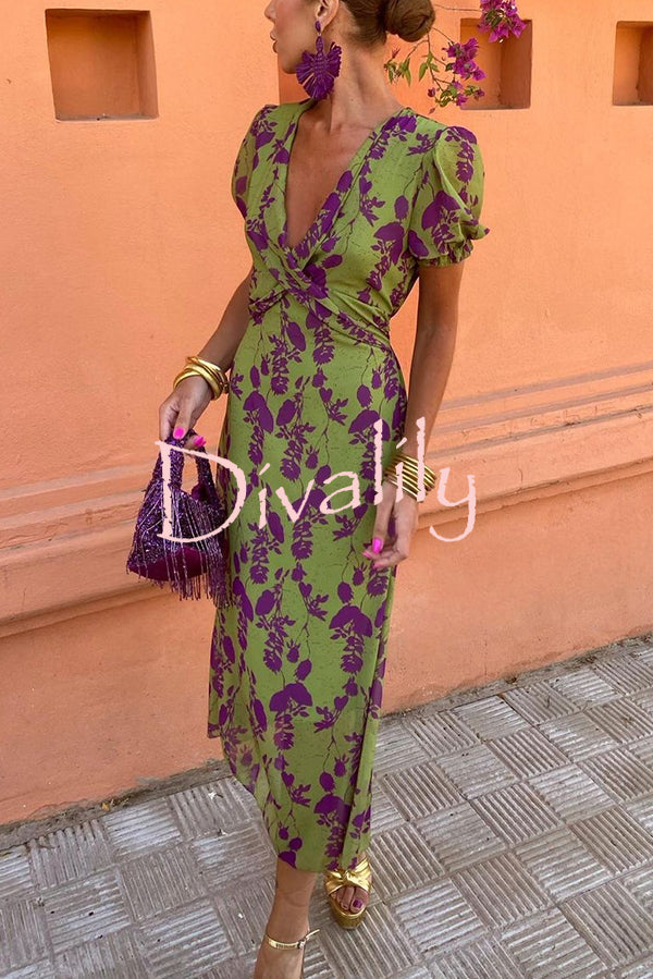 Botanical Print V-neck Puff Sleeve Tie Waist Midi Dress