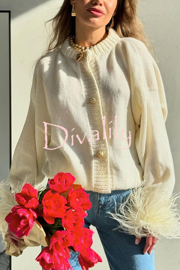 Solid Color Elegant Feather Long Sleeve Casual Knitted Cardigan