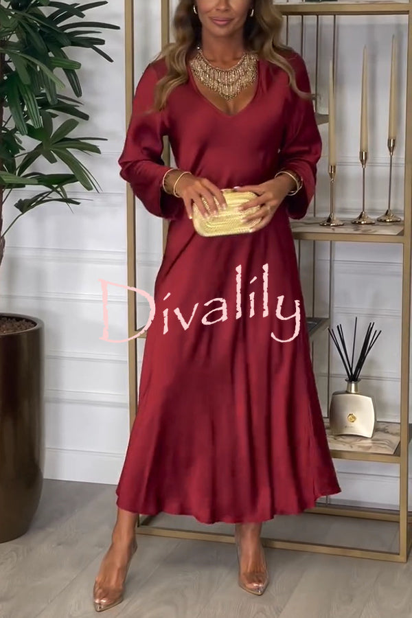 Solid Color V-neck Long-sleeved Loose Draped Maxi Dress