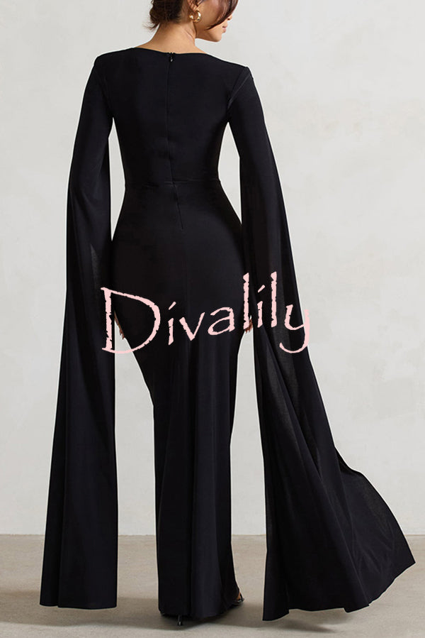 Elegant Goddess Square Neck Twisted Cape Sleeve Slit Maxi Dress