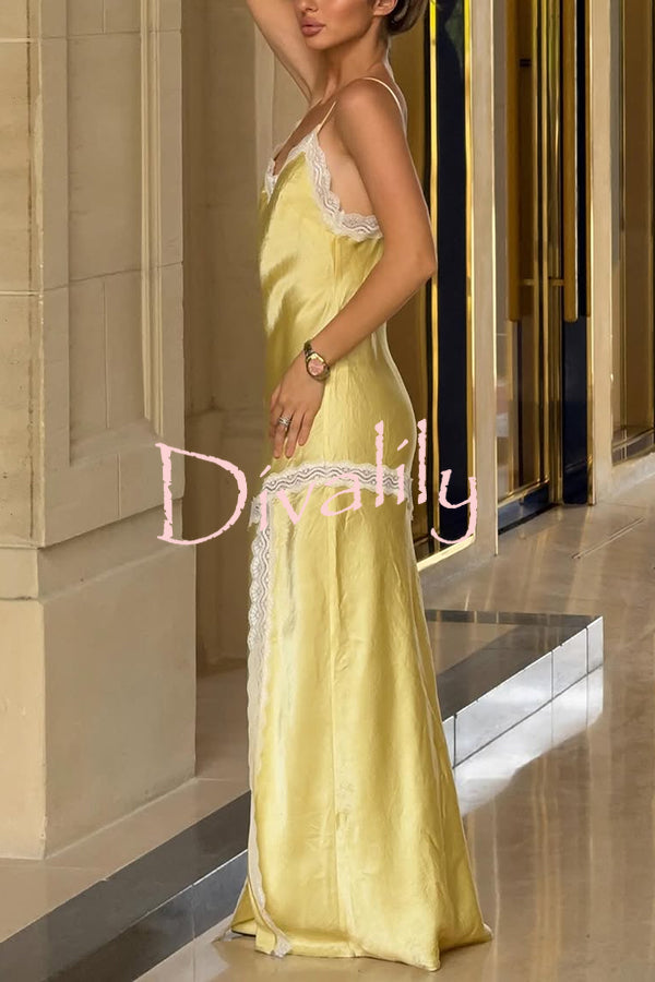 Sweet Trend Satin Lace Trim V-neck Slit Slip Maxi Dress