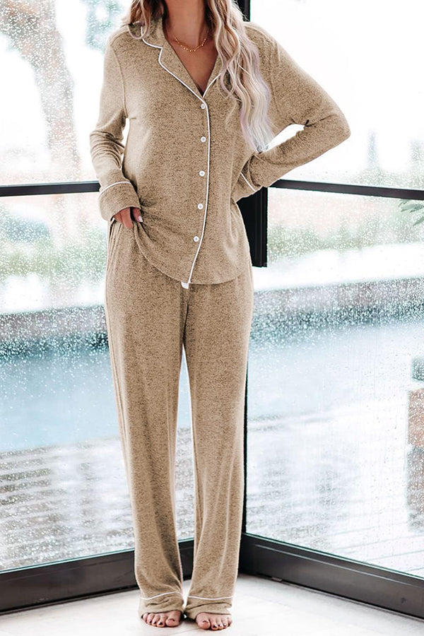 Home-style Loose-fitting Long-sleeved Pocket Shirt and Elastic Waist Casual Pants Set