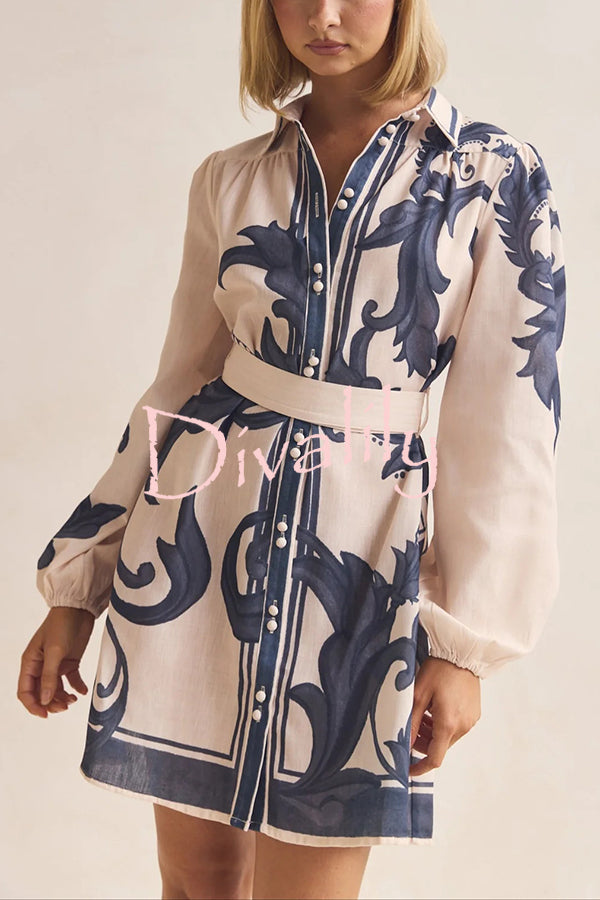 Botanical Print Lapel Puff Sleeve Vintage Belt Loose Mini Dress