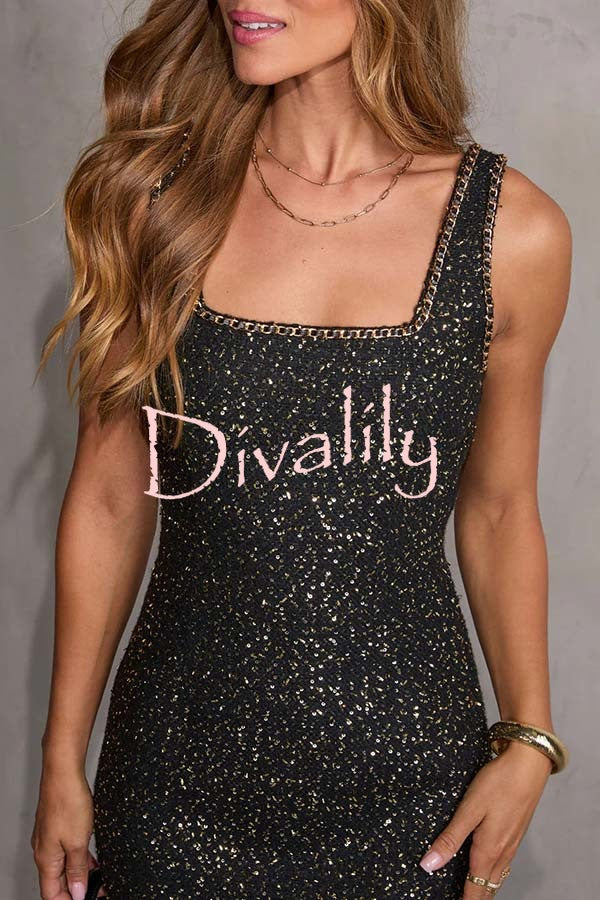 Modern Luxury Tweed Ribbon Chain Trim Square Neck Mini Dress