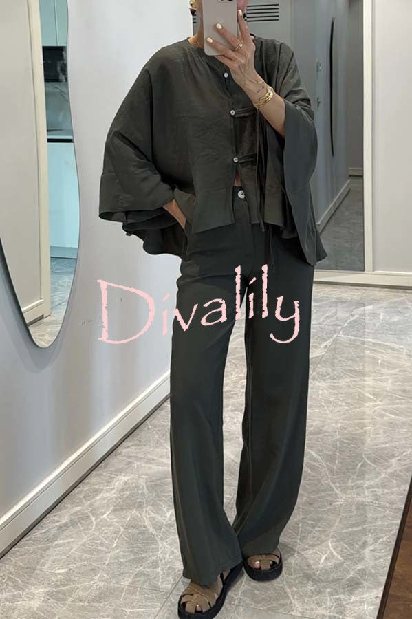 Ellie Tie-button Batwing Sleeve Loose Top and High Rise Pocket  Wide Leg Pants Set