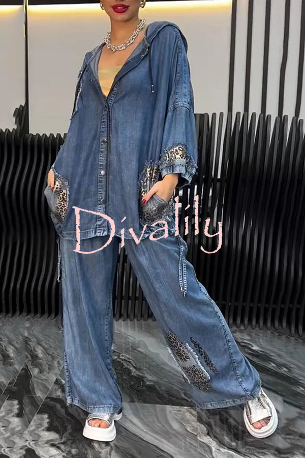 Fashion Loose Hooded Leopard Print Pocket Top and Casual Wide-leg Pants Set