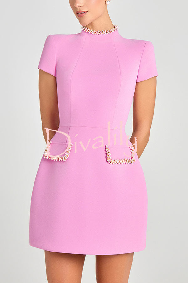 Sweet and Elegant Scent Pearl Trim Short Sleeve Pocketed Mini Dress